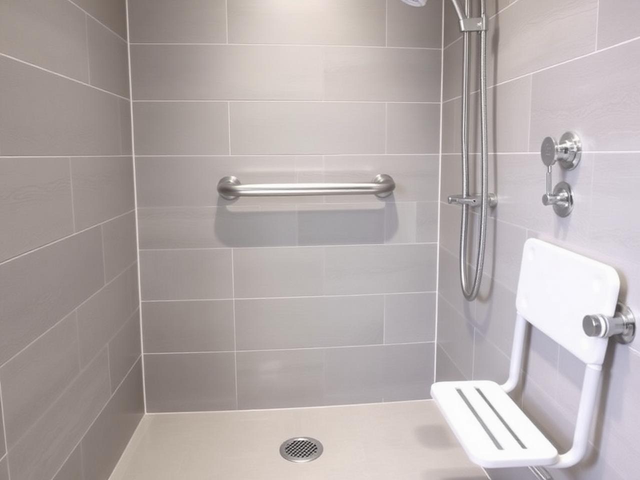 Bodengleiche Dusche mit Haltegriff, Duschsitz und rutschhemmenden Fliesen
