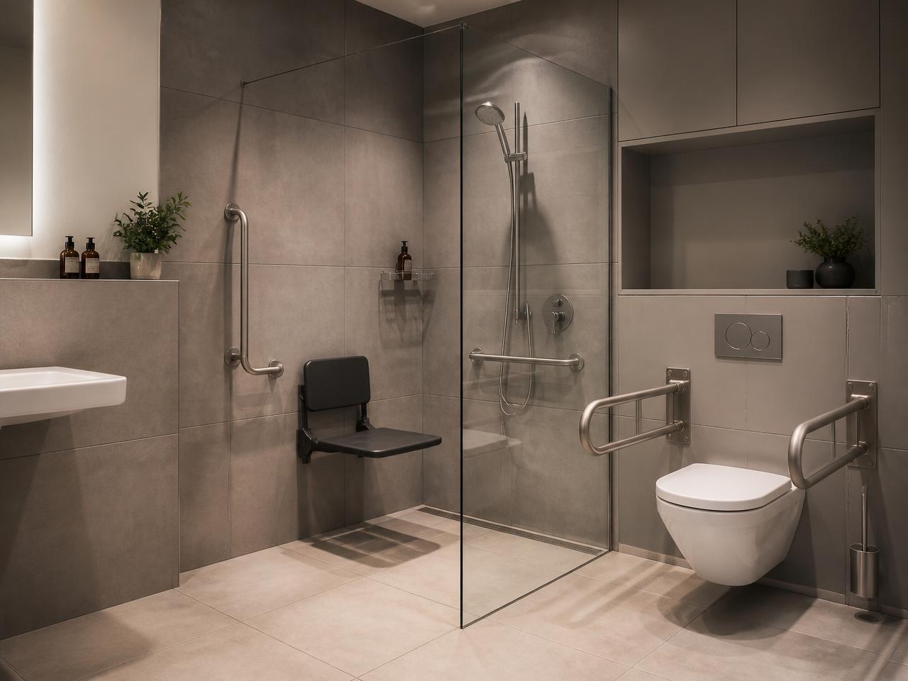 Barrierefreies Bad mit bodengleicher Dusche, Duschsitz und Haltegriffen